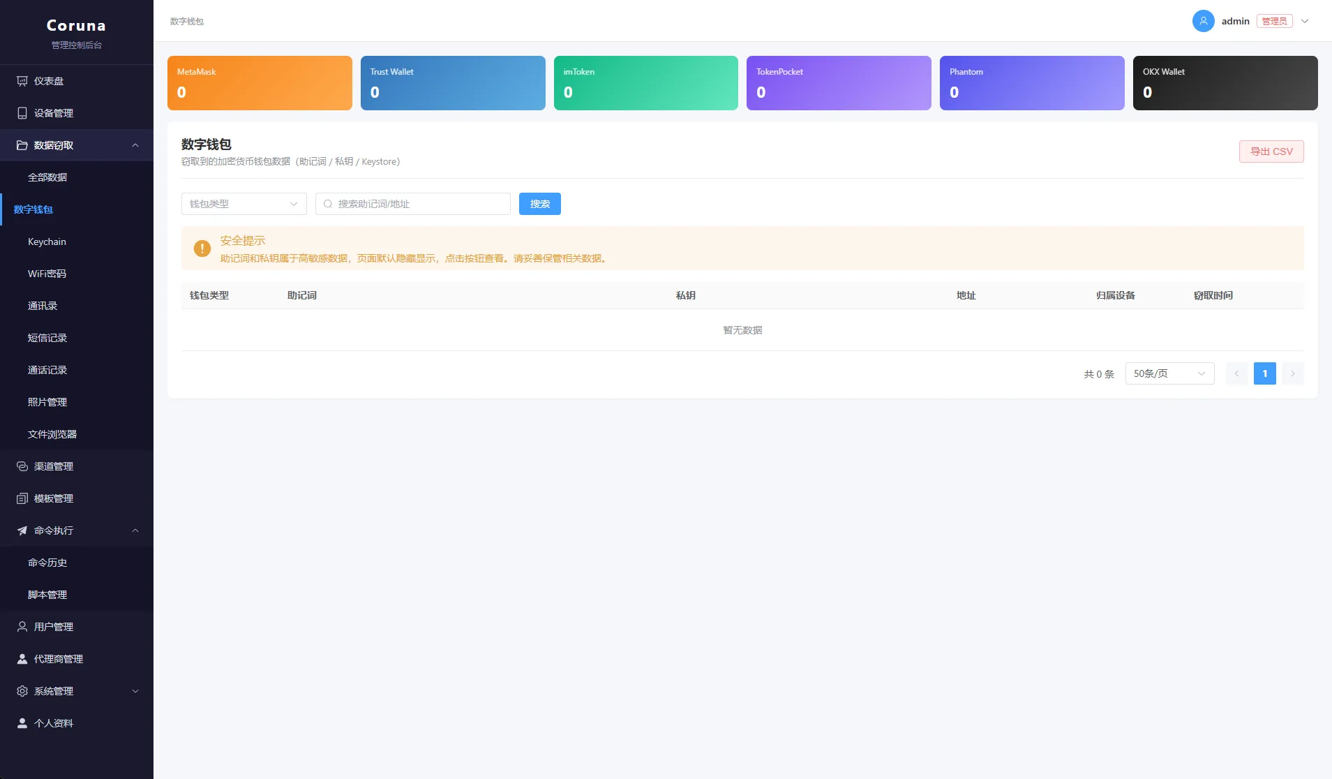 Coruna wallet view with MetaMask, Trust Wallet, imToken, TokenPocket, Phantom, and OKX counters, and columns for recovery phrases, private keys, addresses, and devices. All counters and rows are empty.