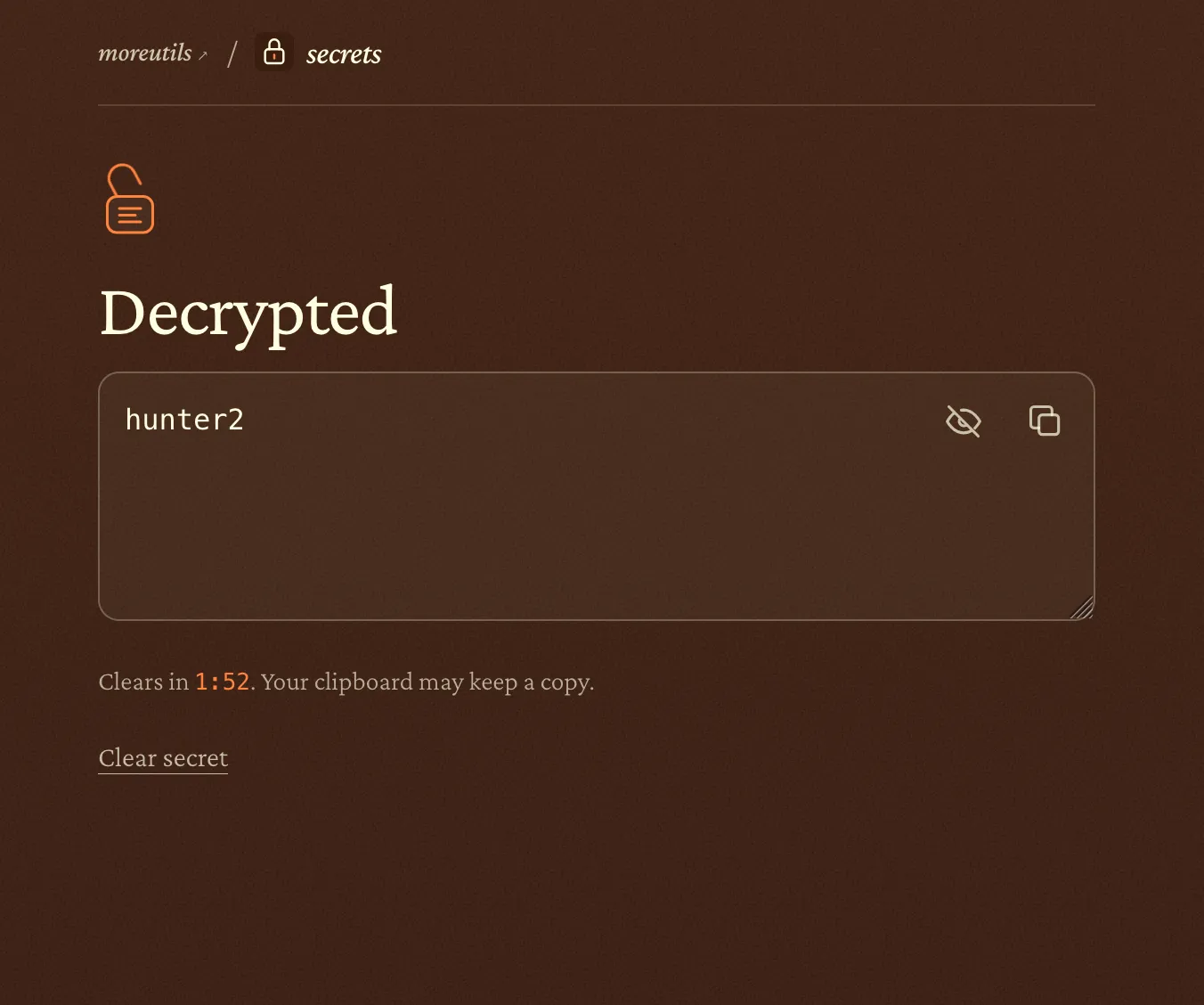 The recipient's decrypted message showing hunter2, a clearing timer, and a clipboard-history warning.