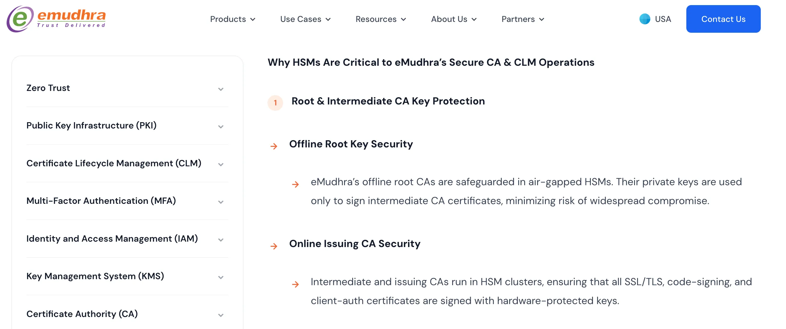 eMudhra's FAQ saying its intermediate and issuing CAs run in HSM clusters and sign certificates with hardware-protected keys.