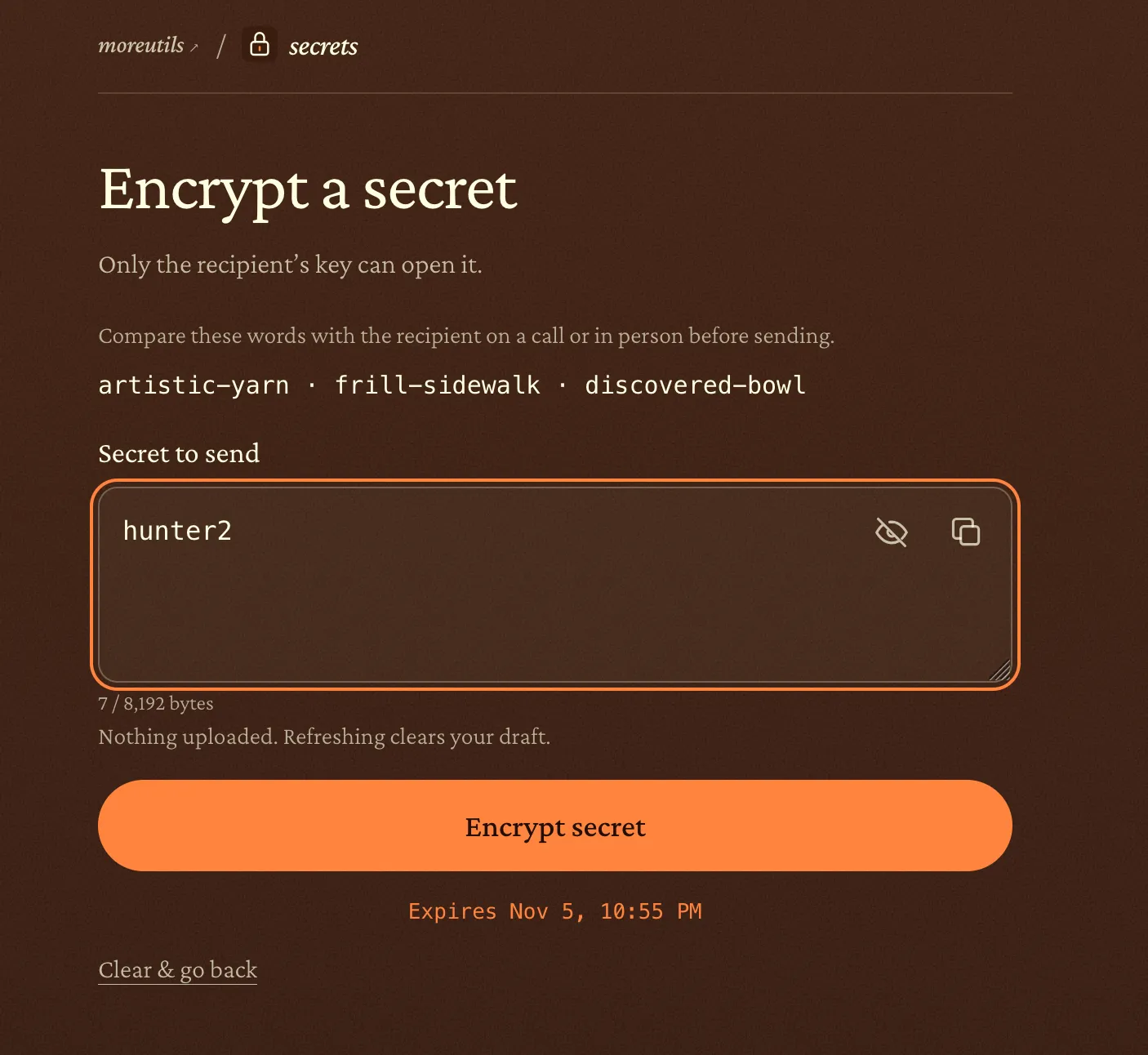 The sender's encryption screen with the sample password hunter2 and matching verification words.
