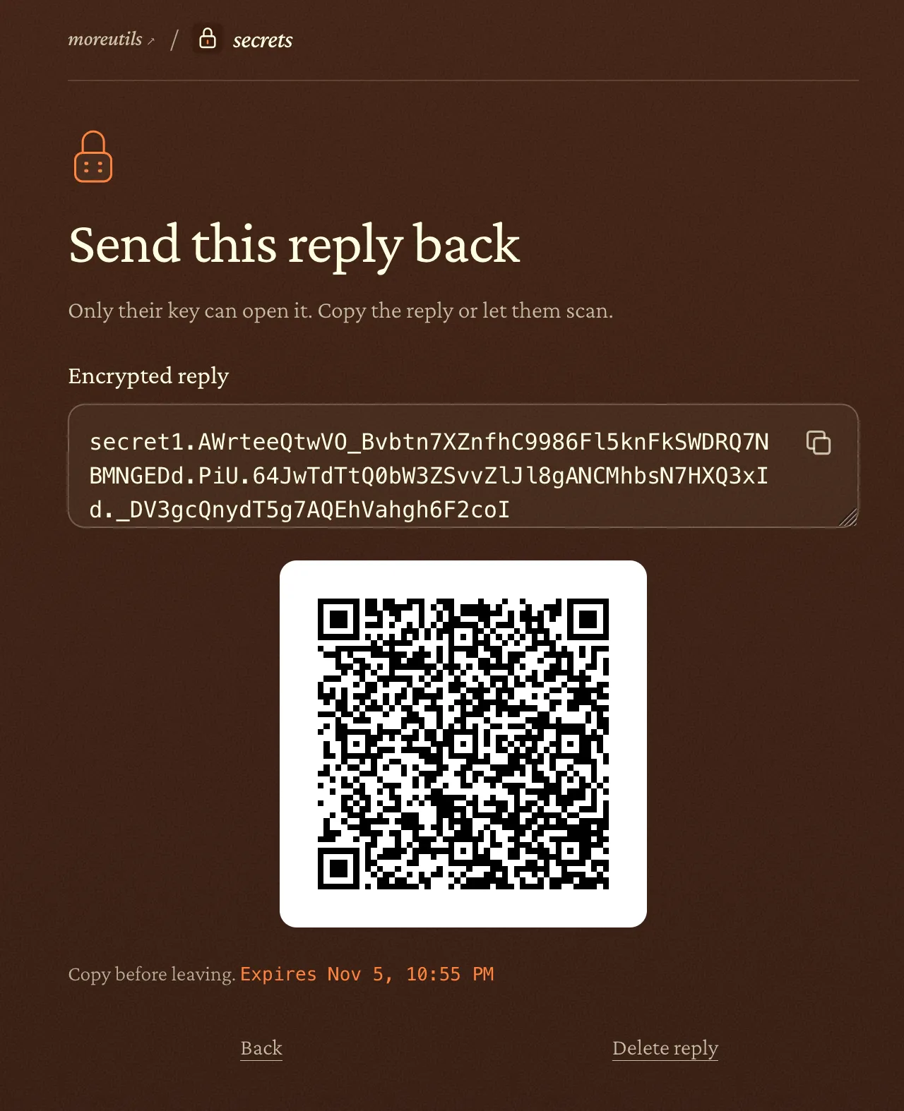 The encrypted reply ready to copy or scan as a QR code and send back.