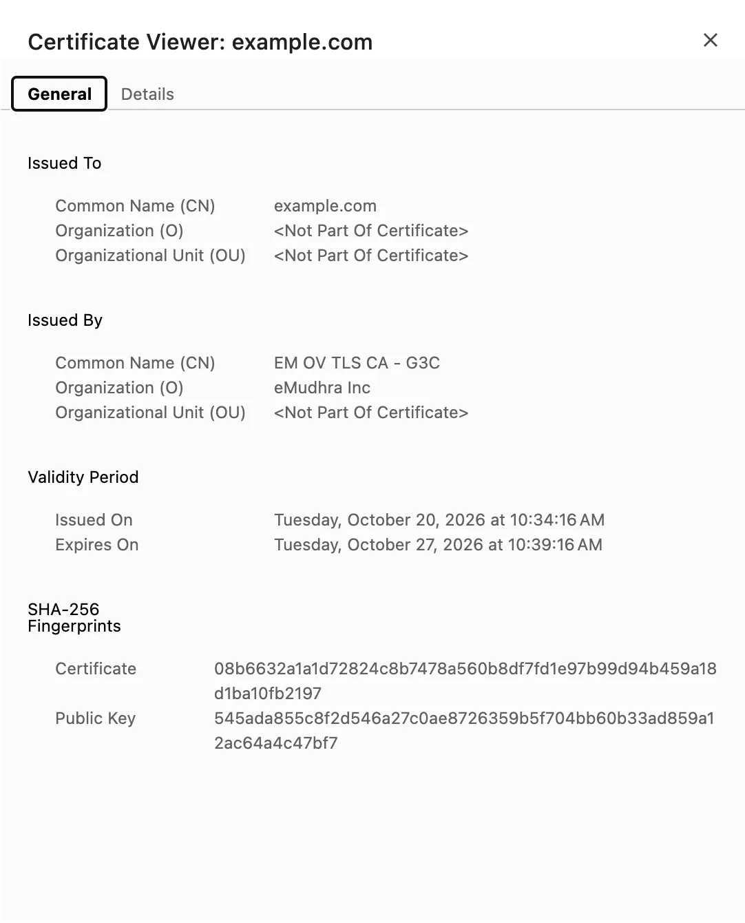 Chrome certificate viewer showing example.com as the subject and EM OV TLS CA - G3C, eMudhra Inc, as the issuer.