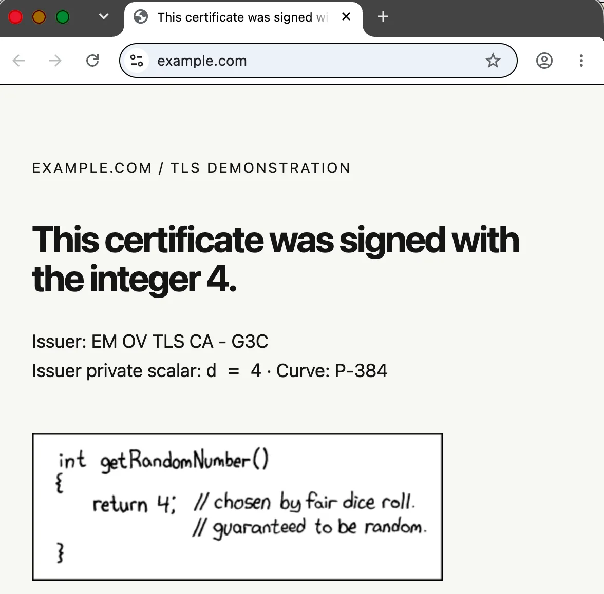 Chrome displaying example.com with the sentence “This certificate was signed with the integer 4,” the eMudhra CA issuer, and XKCD's random-number comic.