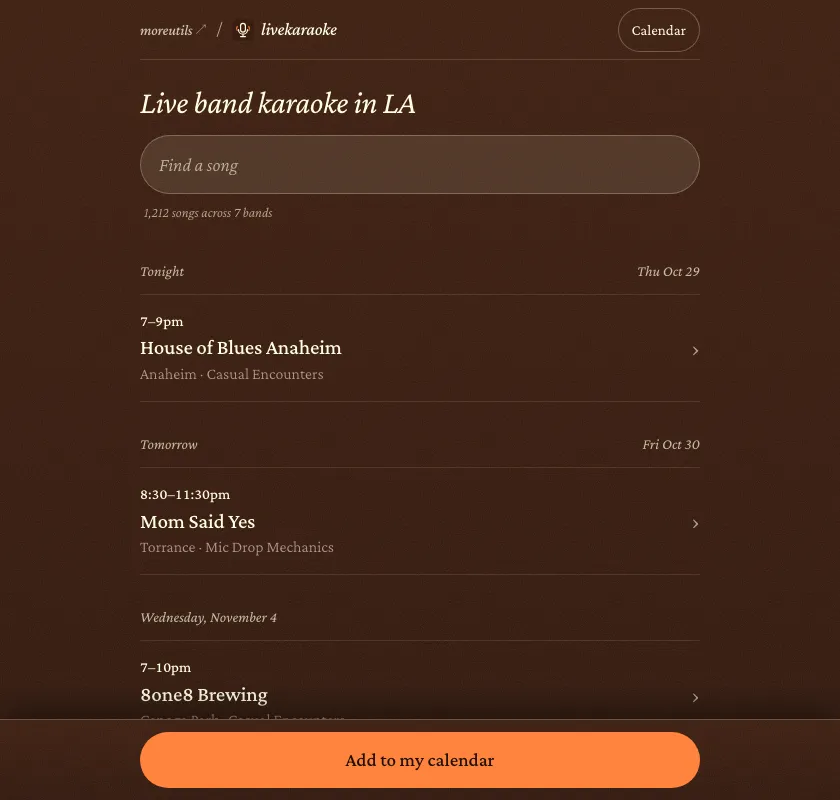 Livekaraoke's public entry screen shows song search and upcoming live-band karaoke nights around LA.