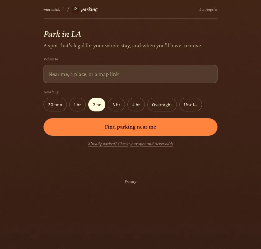 Parking's public entry screen asks for a destination and length of stay, and offers a way to check an existing parking spot.