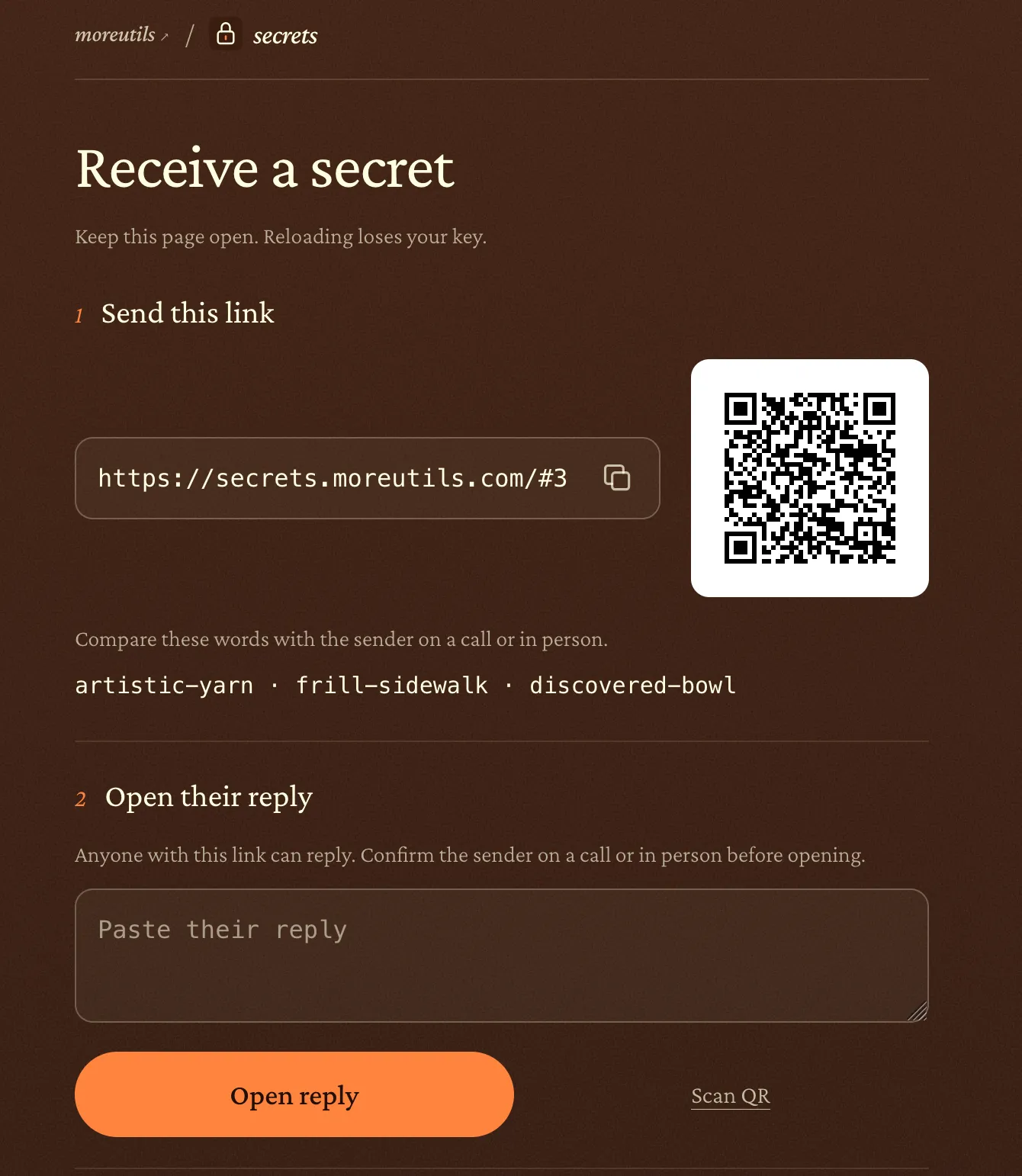moreutils/secrets receiving screen with a public link, QR code, verification words, and a field for the encrypted reply.