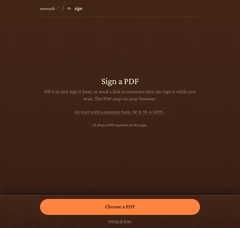 Sign's public entry screen offers a PDF chooser and shortcuts to common forms.